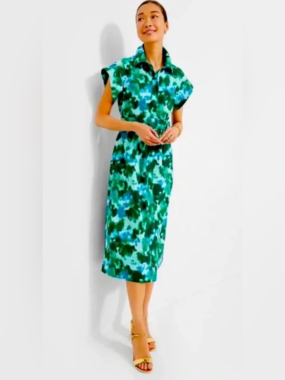 Tuckernuck Chloe Dress Deep Lagoon‎ Belted Midi Short Sleeve Blue Green Preppy L - Picture 5 of 13